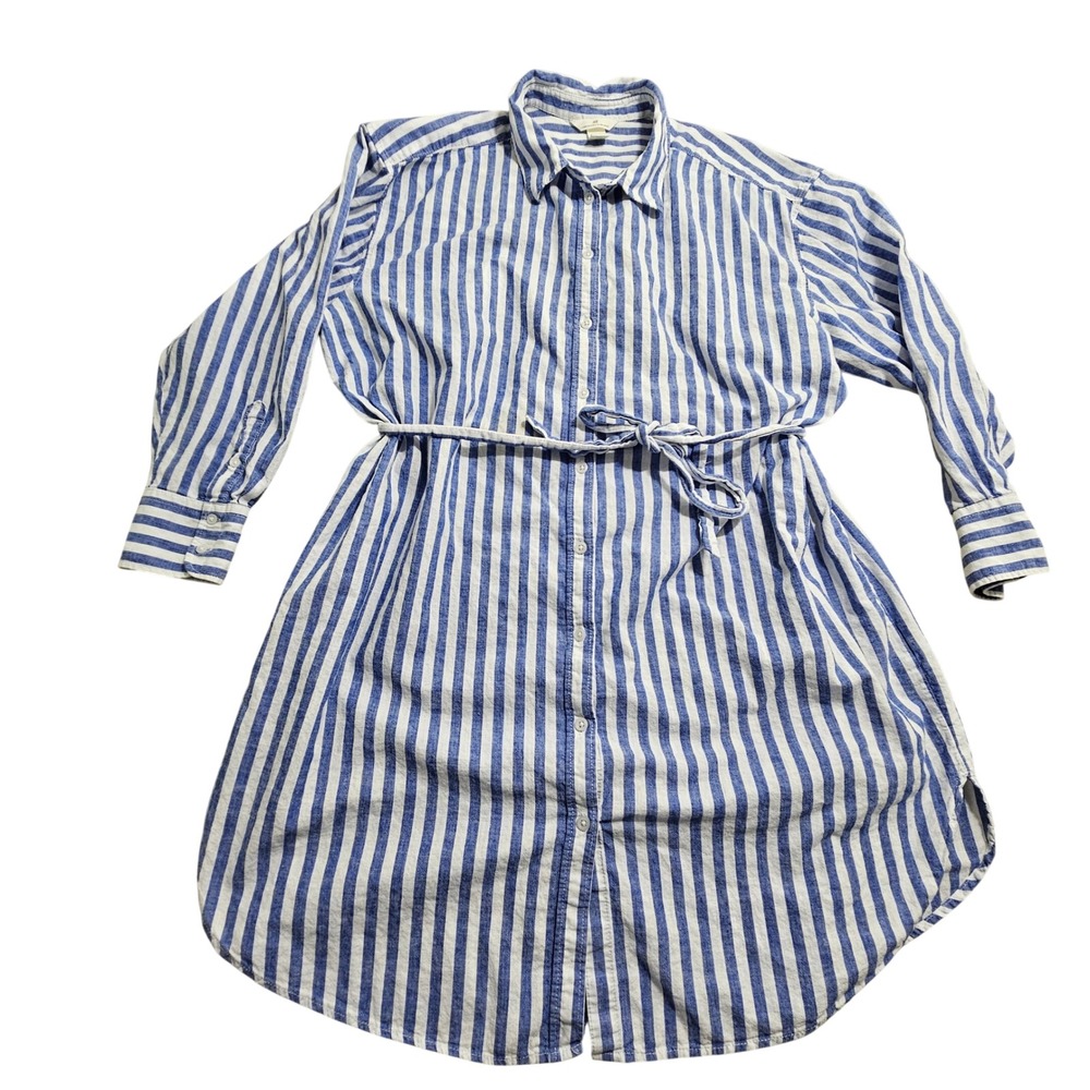 H&M Shirt Dress Women XXL Blue White Striped Linen Blend Belted Mini